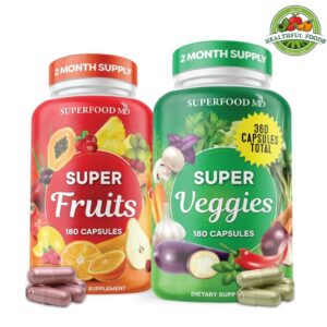 Superfood Fruit & Veggie Supplement – 360 Whole Superfruit and Vegetable Capsules with Vitamins for Natural Energy, Soy-Free, with Olive Leaf Extract – 180 Count (2-Pack)