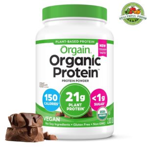 Orgain Organic Vegan Protein Powder, Creamy Chocolate Fudge – 21g Plant-Based Protein, 7g Prebiotic Fiber, Low Net Carbs, Lactose-Free, No Added Sugar, Non-GMO, Ideal for Shakes & Smoothies, 2.03 lb