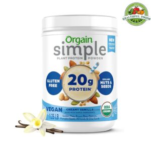 Orgain Organic Simple Vegan Protein Powder, Vanilla – 20g Plant-Based Protein, Fewer Ingredients, No Artificial Sweeteners, Gluten-Free, Lactose-Free, 1.25 lb